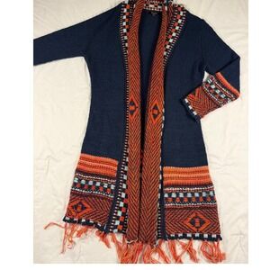 Papillon Boho Aztec Fringe Knit Cardigan Duster L Navy Orange Geometric Pattern